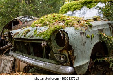 Rusty Old Vintage Cars, Some With Missing Doors And Windows, Bastnäs, Car Cemetry, Damaged Cars In Sweden Close To Norway