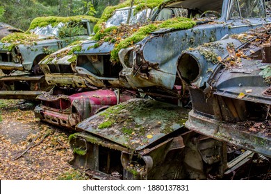 Rusty Old Vintage Cars, Some With Missing Doors And Windows, Bastnäs, Car Cemetry, Damaged Cars In Sweden Close To Norway