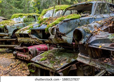 Rusty Old Vintage Cars, Some With Missing Doors And Windows, Bastnäs, Car Cemetry, Damaged Cars In Sweden Close To Norway