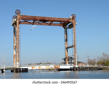 A Rusty Old Vintage Metal Drawbridge Over Bayou Lafourche In Southern Louisiana.