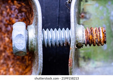 Rusty On Screw (Old Bolts And Nut), Metal Details, Macro Photography. Closeup Shot And Selection Focus.