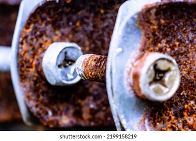 Rusty On Screw (Old Bolts And Nut), Metal Details, Macro Photography. Closeup Shot And Selection Focus.