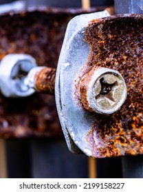 Rusty On Screw (Old Bolts And Nut), Metal Details, Macro Photography. Closeup Shot And Selection Focus.