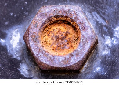 Rusty On Screw (Old Bolts And Nut), Metal Details, Macro Photography. Closeup Shot And Selection Focus.