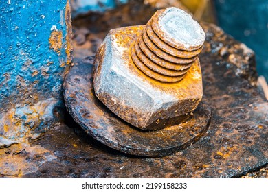 Rusty On Screw (Old Bolts And Nut), Metal Details, Macro Photography. Closeup Shot And Selection Focus.