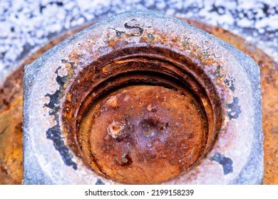 Rusty On Screw (Old Bolts And Nut), Metal Details, Macro Photography. Closeup Shot And Selection Focus.