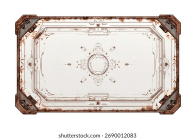 Rusty, ornate rectangular panel.  Design embossed on a weathered surface