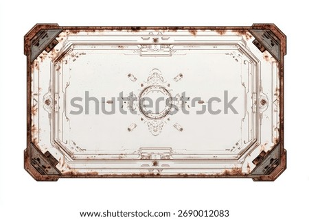 Rusty, ornate rectangular panel.  Design embossed on a weathered surface