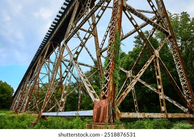 Rusty Railway Trestle Amid Forest Canopy Low Angle View - Powered by Shutterstock