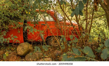 A Rusty Red Car Wreck Wartburg Abandoned In The Forest.