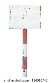 Rusty Rusted Metal Sign Board Signage, Old Aged Weathered White Isolated Blank Empty Signboard Rectangle Copy Space, Rectangular Plate Warning Signpost Pole Post Background, Vintage Grunge