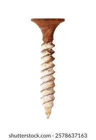 A rusty screw with a spiral pattern on it. The screw is old and worn, with a brownish color