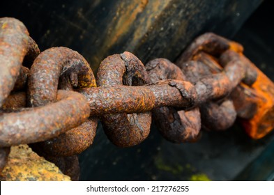 Rusty Ship Anchor Chain On Dry Coast In The Port