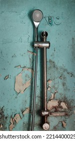 Rusty Shower Head With Green Rusty Grunge Bathroom Wall Background