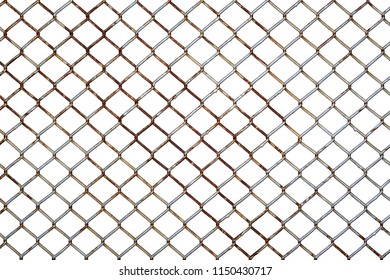 Rusty Steel Chicken Wire Fence Isolated On A White Background.