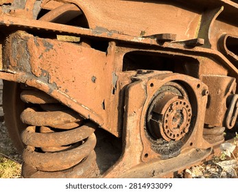 Rusty train bogie wheel axle and spring industrial detail
Detailed close up of rusty train bogie with wheel axle and spring. Old industrial metal mechanism texture.