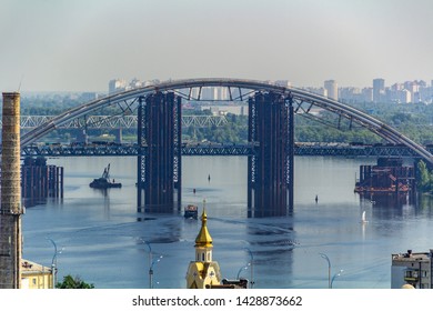 Rusty Unfinished Bridge In Kiev, Ukraine. Known For Its Unusual Design And This Is Very Popular Among Videographers. Concept, Industry, Brutality