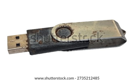 Rusty USB Flash Drive Broken Memory Stick Isolated on White Background for Data Recovery Services, Damaged Hardware Storage Concept, Moldy Swivel Flash Disk Representing Digital Failure and E-Waste.