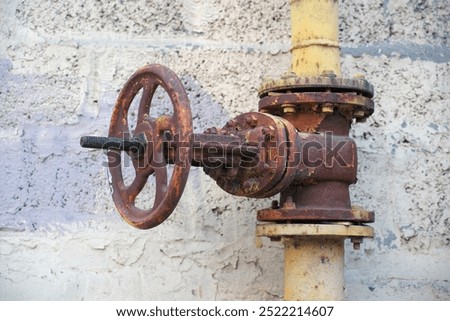 Rusty valve on a pipe gate. Element of design.