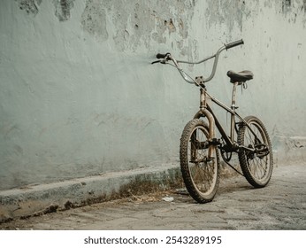 Rusty vintage bicycle against a textured concrete wall, bringing a timeless charm to an urban setting. - Powered by Shutterstock