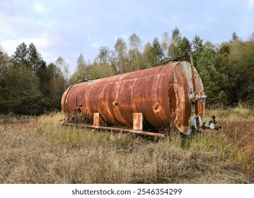 A rusty water or liquid tank abandoned in the middle of the forest. The problem of ecology - Powered by Shutterstock