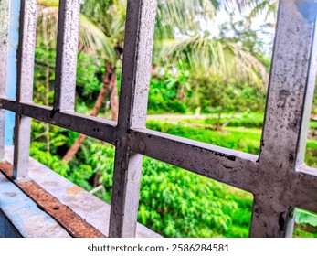 Rusty window texture and calming green view
