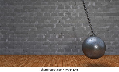 rusty wrecking ball with wood floor and concrete block wall background