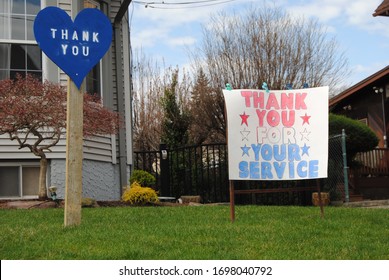 Rutherford, New Jersey / USA - April 07 2020: Amid The Novel Coronavirus (COVID-19), The Rutherford Arts Committee Asks Residents To Post Blue Hearts And Encouraging Messages For First Responders.