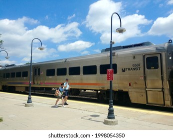 Rutherford, New Jersey, USA - June 20, 2021: A New Jersey Transit Commuter Rail Train At Rutherford Station