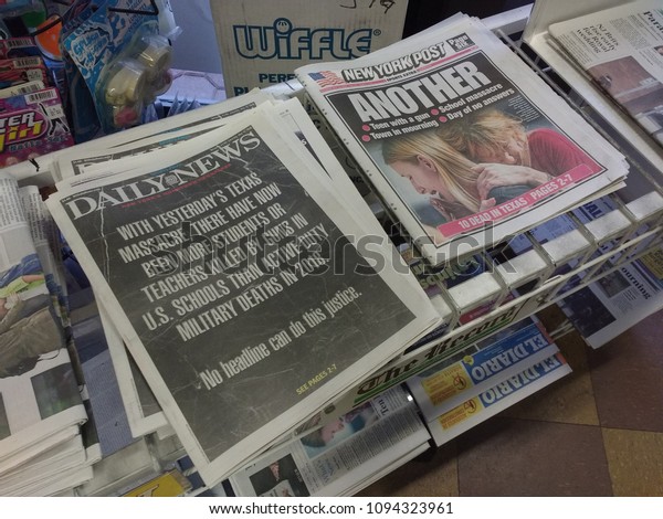 Rutherford, New\
Jersey / USA - May 19 2018: These were the covers of the New York\
Daily News and the New York Post the day after the Texas massacre\
at Santa Fe High\
School.\
\
