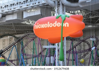 Rutherford, NJ USA- February 4, 2021: The Nickelodeon Universe at the American Dream mall is home to an indoor amusement park with several twisting and looping roller coasters. 