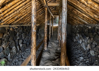 Rutshellir cave (Cave of Rutur), inside view of the stone, Icelandic style historic turf house with carved tunnel, chambers and wooden supports.
