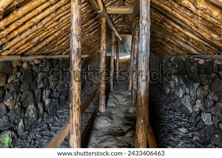 Rutshellir cave (Cave of Rutur), inside view of the stone, Icelandic style historic turf house with carved tunnel, chambers and wooden supports.