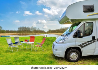 RV (camper) In Camping, Family Vacation Travel, Holiday Trip In Motorhome 