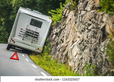 RV Camper Van Accident On The Winding Mountain Road. 