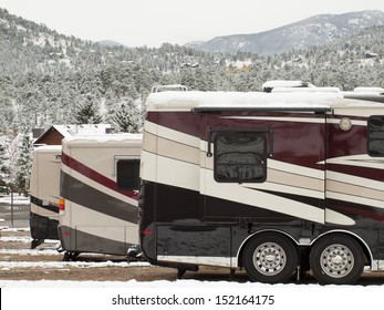 RV Campsite In Snow At Estes Park, Colorado.