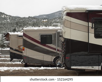 RV Campsite In Snow At Estes Park, Colorado.