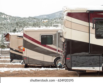 RV Campsite In Snow At Estes Park, Colorado.