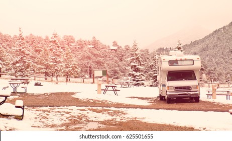 RV Campsite In Snow At Estes Park, Colorado.