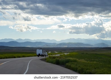 Rv On A Highway. Yellowstone, Wyoming 