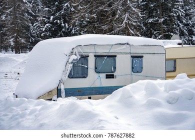 Rv Trailer Caravan Roulotte Covered By Snow In Winter Time