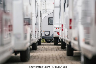 RV Travel Trailers Sales Business. Dealership Parking Lot. Travel And Camping Industry.