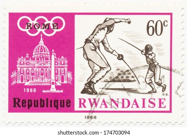 RWANDA - CIRCA  1968: A Stamp Printed In Rwanda Shows Fencing, Series Olympics Games, Circa 1968