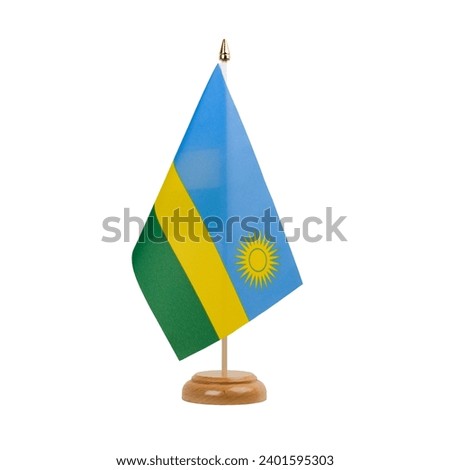Rwanda Flag, small wooden rwandan table flag, isolated on white background