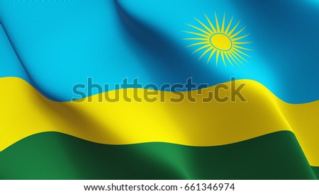 Rwanda flag waving on wind. Rwandan flag blowing in the wind with highly detailed fabric texture. Realistic rendering quality.