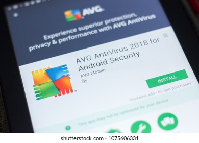 Ryazan, Russia - April 19, 2018 - AVG Antivirus 2018 mobile app on the display of tablet PC.
