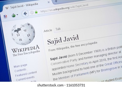 Ryazan, Russia - August 19, 2018: Wikipedia Page About Sajid Javid On The Display Of PC.