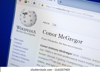 Ryazan, Russia - August 19, 2018: Wikipedia page about Conor McGregor on the display of PC.