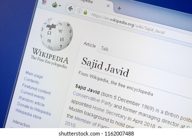 Ryazan, Russia - August 19, 2018: Wikipedia Page About Sajid Javid On The Display Of PC.