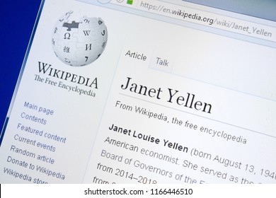 Ryazan, Russia - August 28, 2018: Wikipedia Page About Janet Yellen On The Display Of PC.